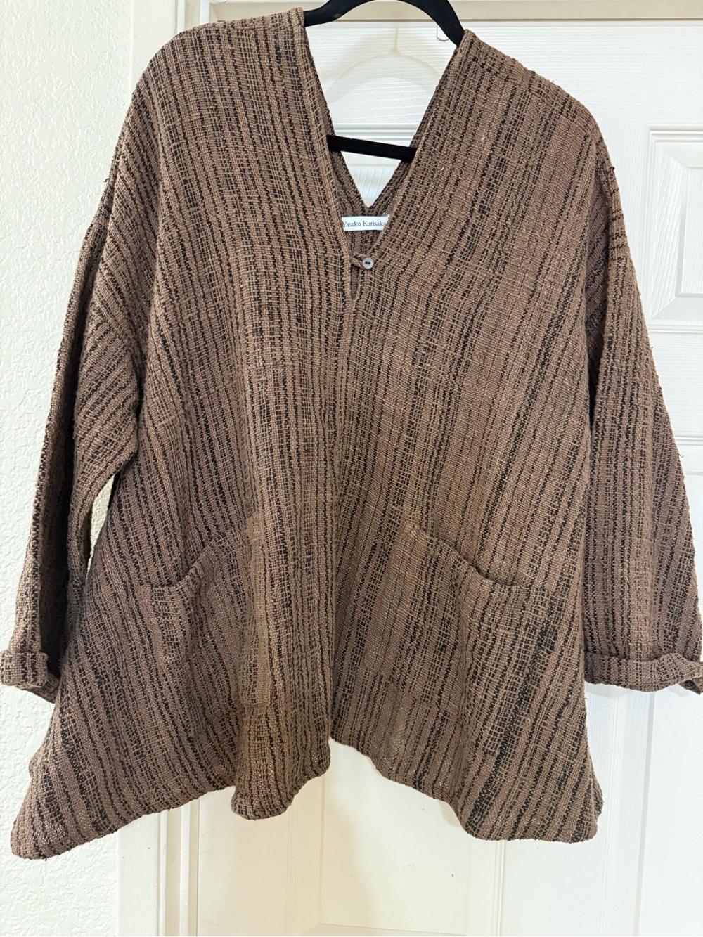 Relaxed Brown V-Neck Knit Tunic with Front Pockets